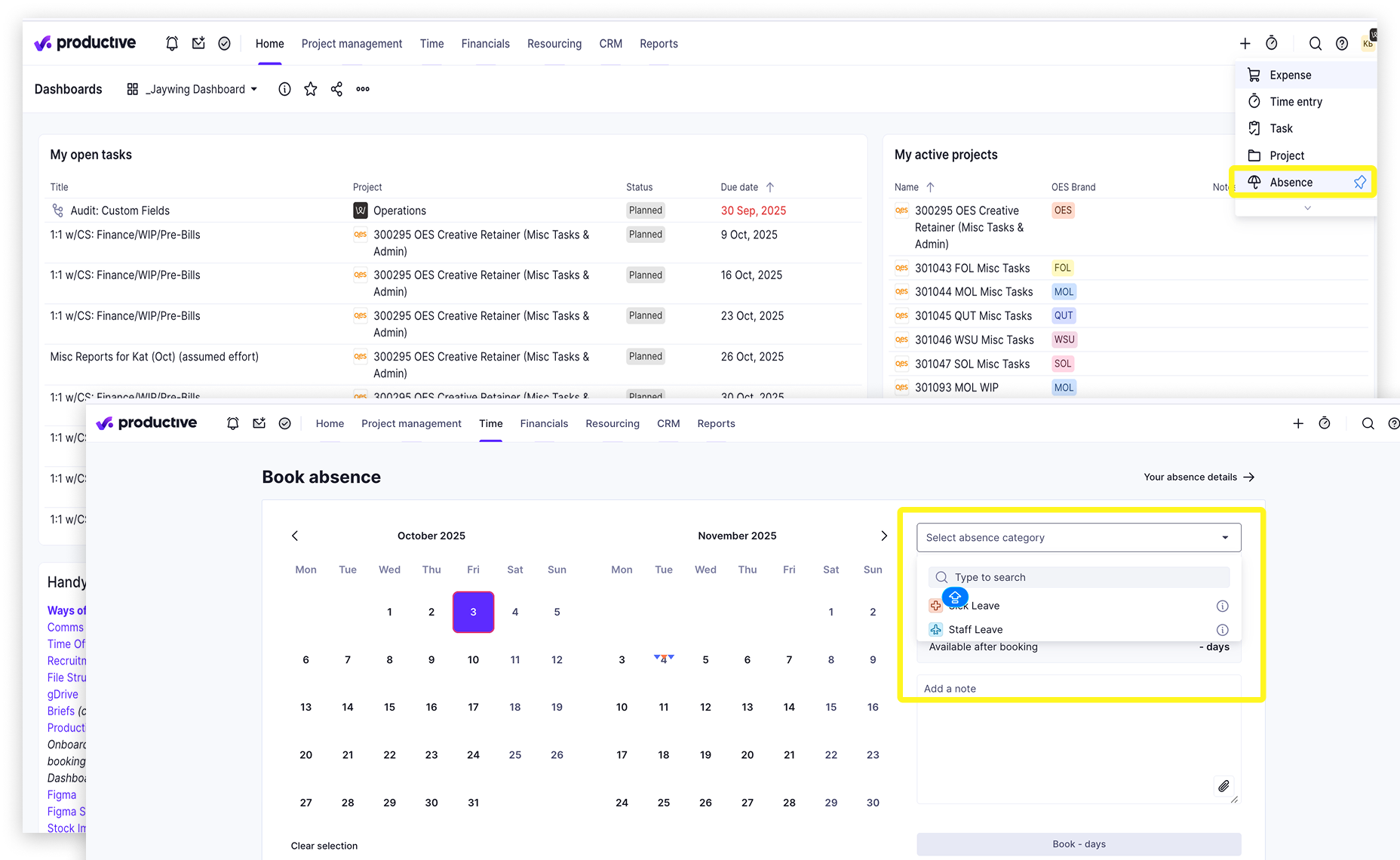 Booking absence in Productive